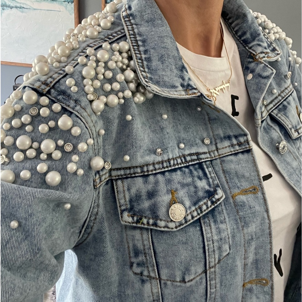 Embroidered Pearl and Crystal Denim Jacket